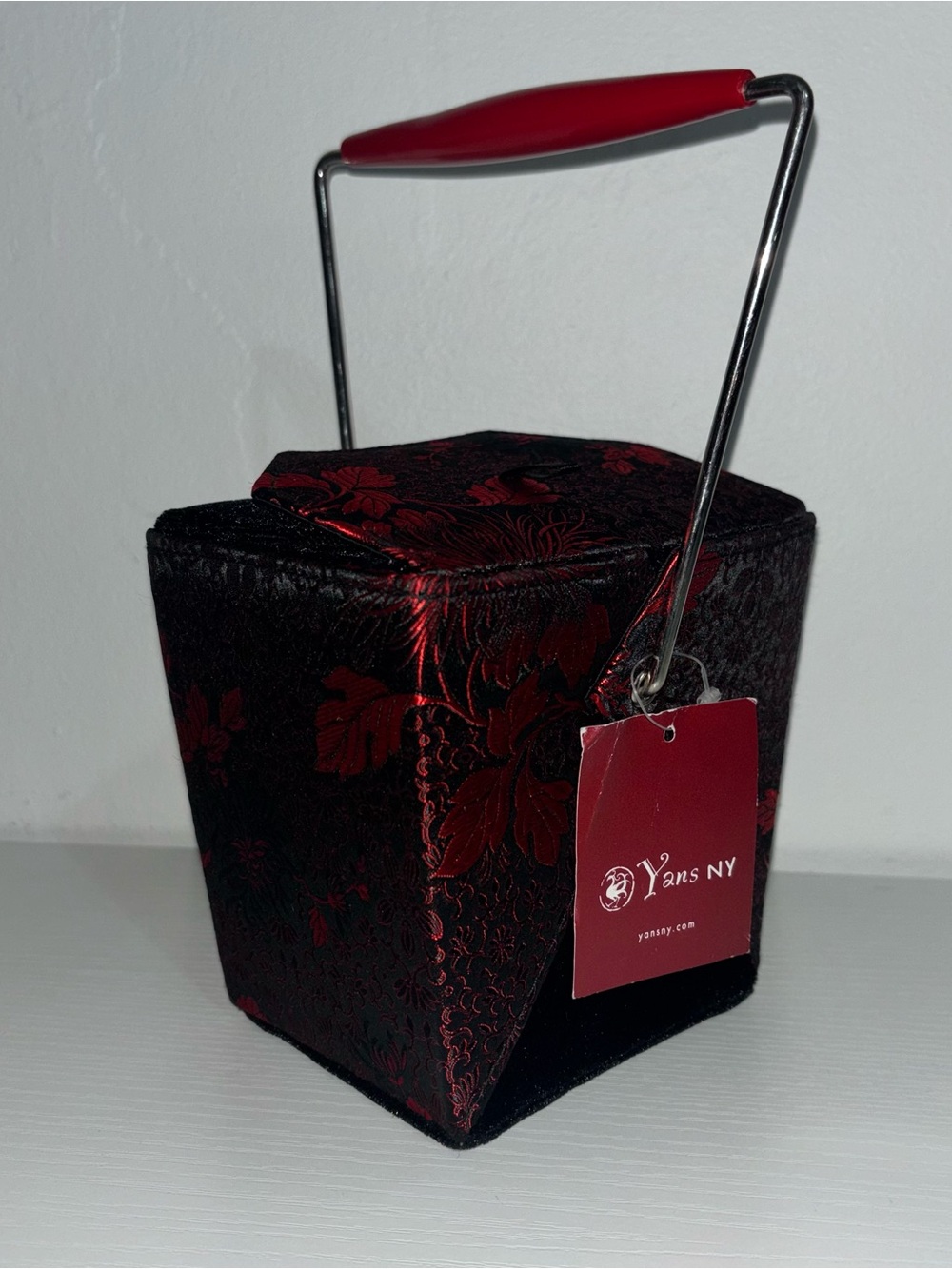 Red Black Brocade Vanity Cosmetic Case w Mirror